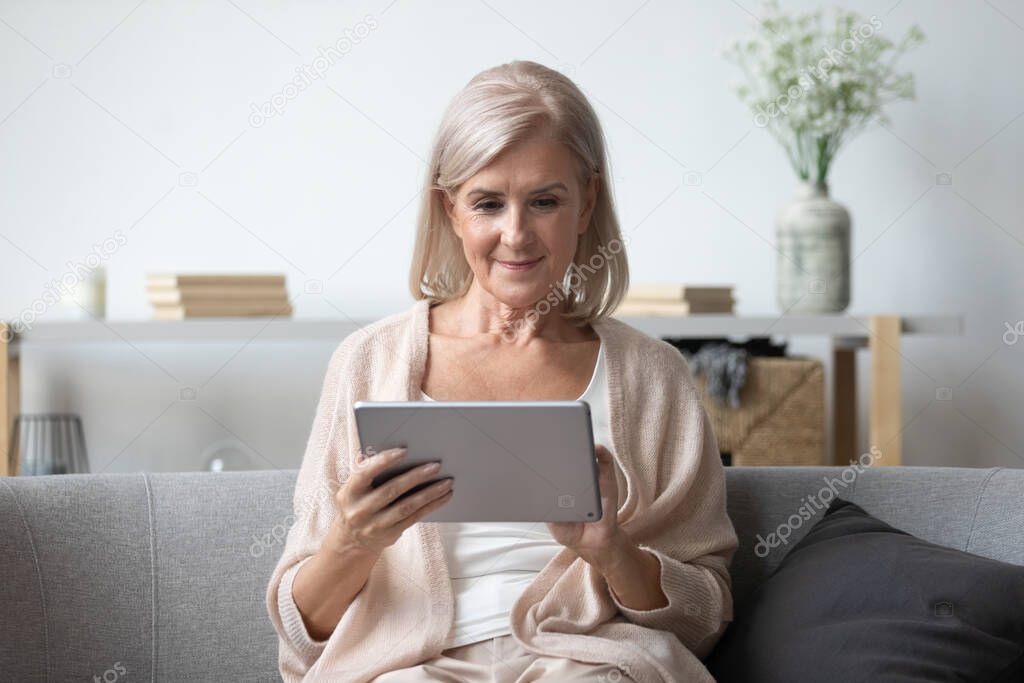 Portrait of pleasant middle aged woman using tablet.