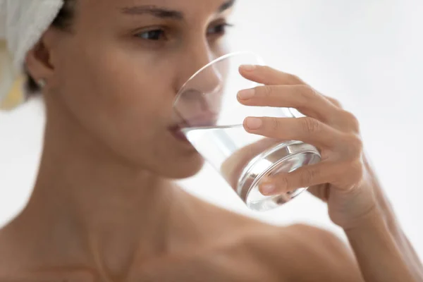 Close up image woman drinking clear water — Stock Photo, Image