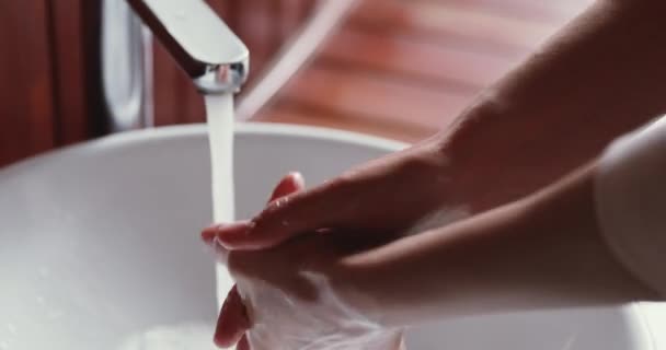 Woman washing hands with soap, close up view — Stock Video