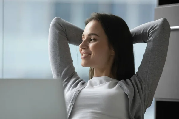 Smiling female look in distance thinking or visualizing — Stock Photo, Image