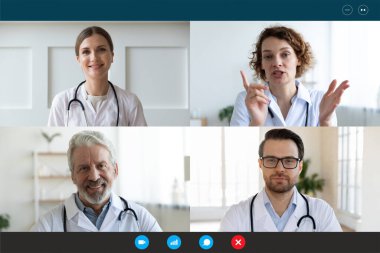 Doctors engaged in distant communication by videocall computer screen view clipart