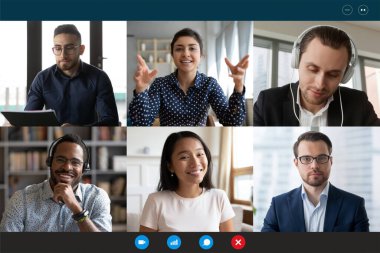 Laptop screen view six multiethnic people involved in group videocall clipart