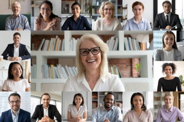Yetişkin iş kadını liderliğinde video konferansına katılan web kamerası görüntüleyicisi