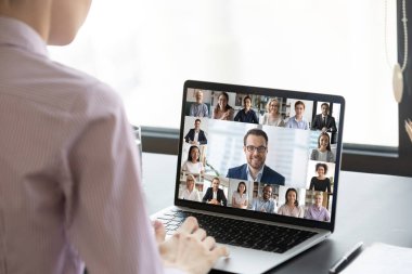 Multiracial people involved in group video call pc screen view clipart