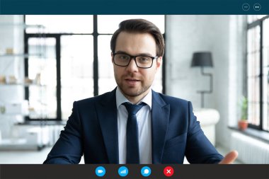 Businessman talking with client by video call, computer screen view clipart