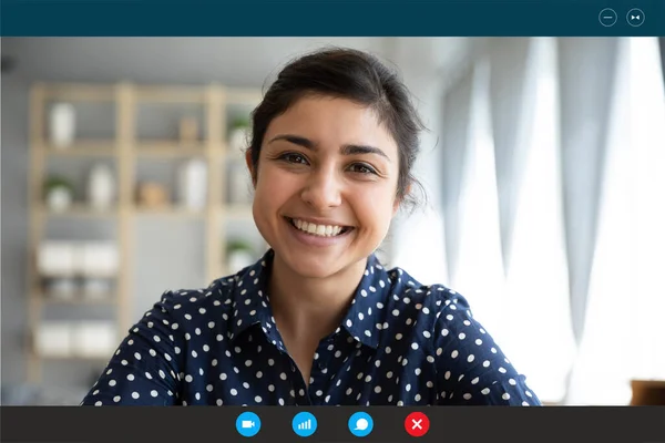 Laptop webcam view indian woman communicating distantly by video call — Stock Photo, Image