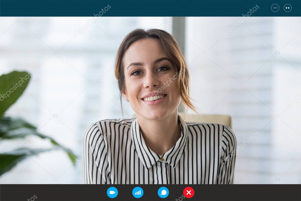 Pc screen view headshot businesswoman makes videocall looks at webcam