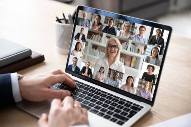 Diverse people engaged in group video call, computer monitor view clipart