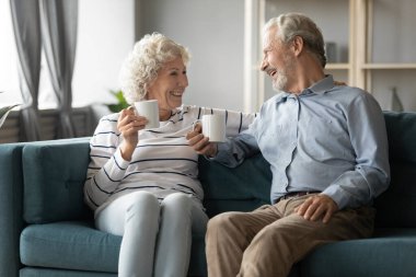 Mutlu olgun çift, sıcak oturma odasında çay içiyor.