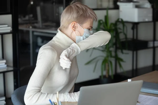 Sick female employee cough get covid-19 infection — Stock Photo, Image