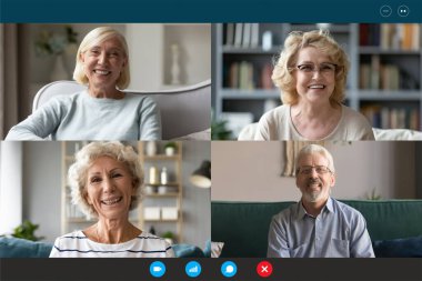Grup videolu laptop webcam görünümünde yer alan dört son sınıf öğrencisi
