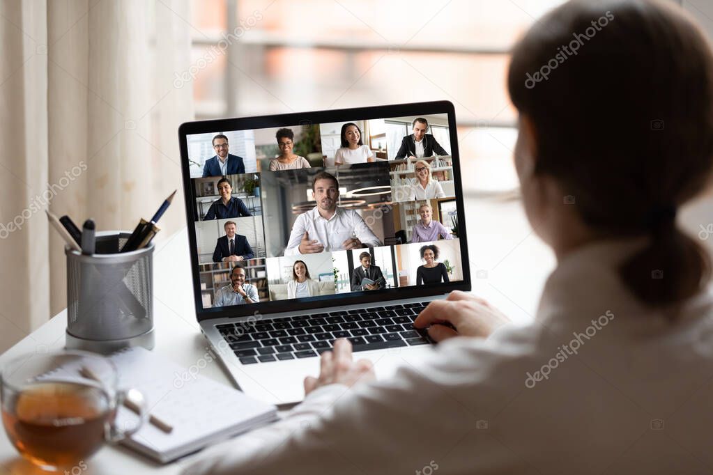 On laptop diverse people collage webcam view over woman shoulder