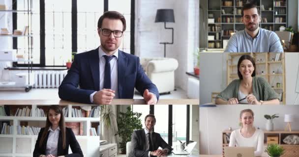 Boss ledande online-möte med business team på telefonkonferens — Stockvideo