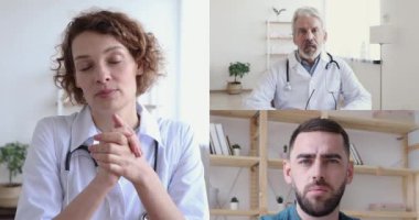 Genç bayan doktor konferans sohbetinde tıp çalışanları grubunu eğitiyor.