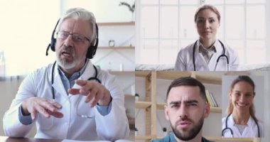 Kulaklık takan yaşlı erkek doktor sağlık ekibini arıyor.