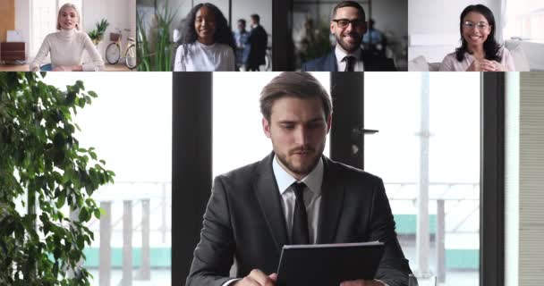 多様な企業チームを呼び出す男性CEOビデオ会議 — ストック動画