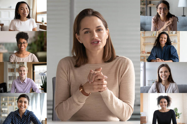 Коллаж представления веб-камеры разных этнических групп женщин тысячелетия
