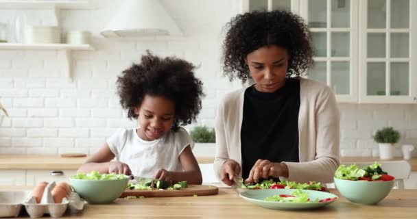 Szczęśliwa afrykańska córka i mama dać przybić pięć gotowania razem — Wideo stockowe