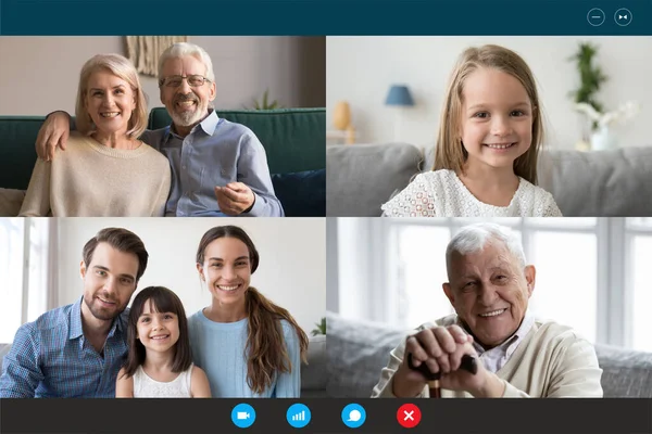 Happy family members talk on video call on laptop — Stock Photo, Image