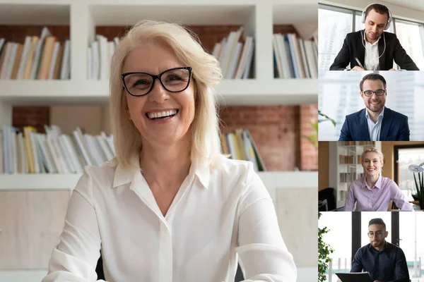 De mediana edad empresaria tienen webcam conferencia con diversos colegas — Foto de Stock