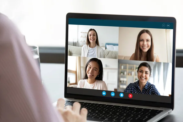 Girl have fun talking on video call with friends — Stock Photo, Image