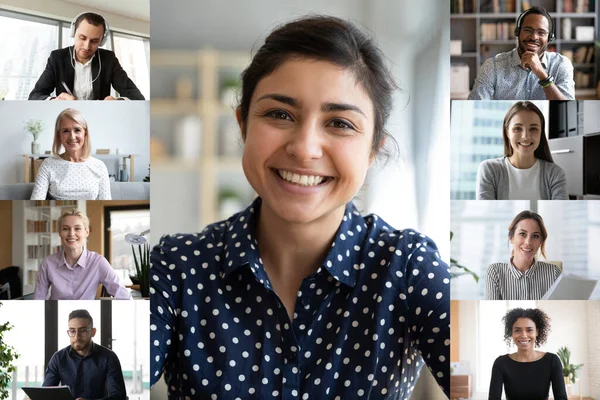 Multiracial colleagues talk on video call on computer — Stock Photo, Image