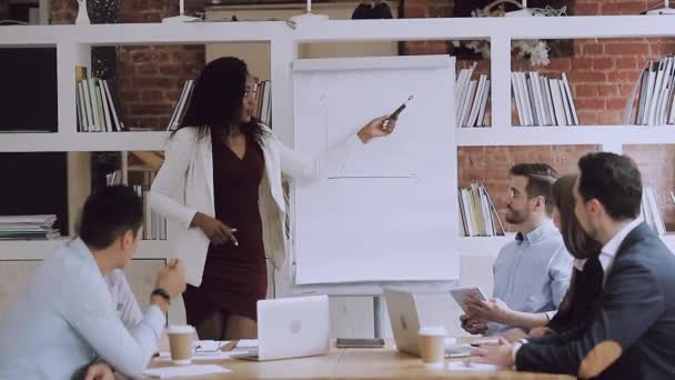 젊은 아프리카 계 미국인 여성 연사 직원들에게 마케팅 전략을 설명하는 모습. — 비디오