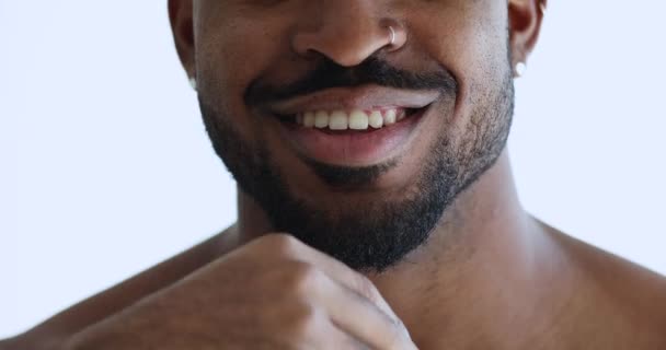 Sonriente hombre barbudo afroamericano tocando la barba, vista de cerca — Vídeos de Stock