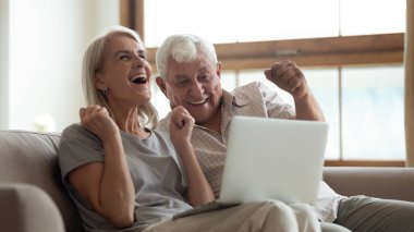 Heyecanlı yaşlı çift dizüstü bilgisayardan iyi haberler okuyor.