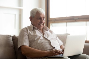 İnternette dizüstü bilgisayarı kullanan mutlu kıdemli adam