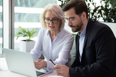 Olgun ve bin yıllık meslektaşlar dizüstü bilgisayar kullanarak ortak bir proje üzerinde çalışıyorlar