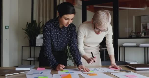 Diversas empresarias hacen una lluvia de ideas sobre el papeleo del proyecto aplicando notas adhesivas — Vídeo de stock