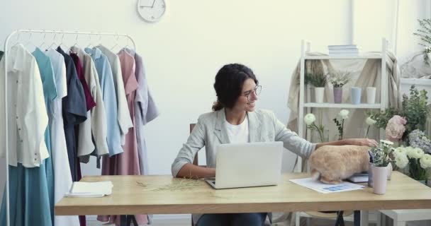 Sonriendo joven diseñador de ropa jugando con conejito trabajando en la computadora — Vídeos de Stock