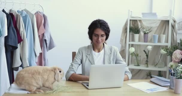 Feliz joven diseñador de moda trabajando en el ordenador portátil con el conejo divertido — Vídeo de stock