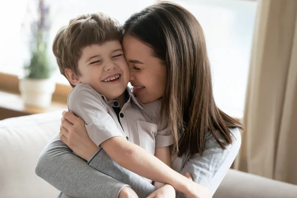 Happy young mom hug small preschooler son — Stock Photo, Image