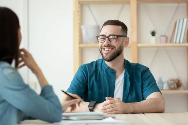 Close up happy bearded man applicant makes good first impression. — Stock Photo, Image