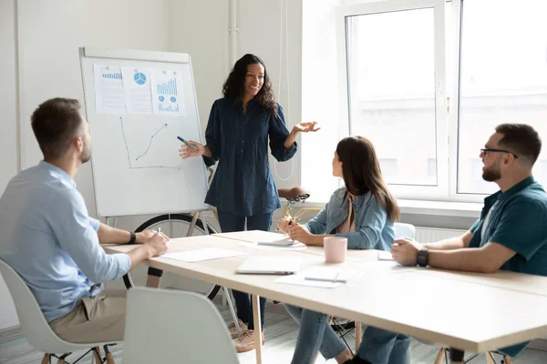 Smiling african american businesswoman tells flip charts presentation new project. — Stock Photo, Image