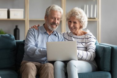 Mutlu yaşlı eşler koltukta oturup bilgisayar ekranına bakıyorlar..