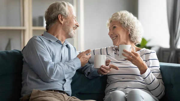 Feliz pareja jubilada sosteniendo tazas de té, disfrutando de una agradable conversación . — Foto de Stock