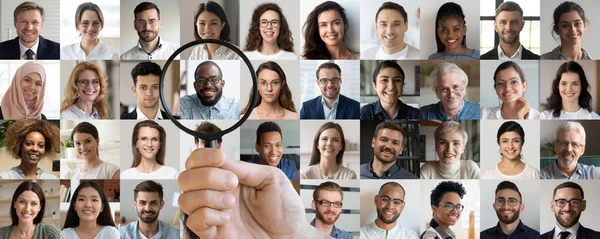 Male employer finding african ethnic job candidate in faces collage — Stock Photo, Image