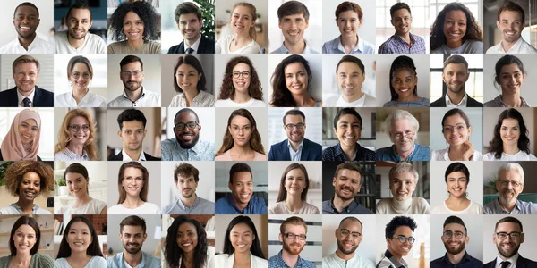 Many happy diverse ethnicity people faces headshots in collage — Stock Photo, Image