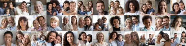 Many happy multiracial people and families faces headshots, banner collage — Stock Photo, Image