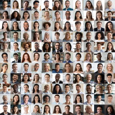 Lot of happy multiracial people faces headshots in square collage clipart