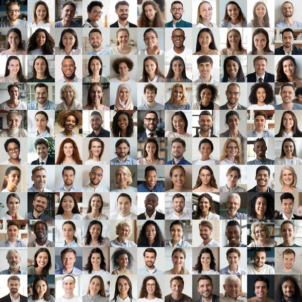 Beaucoup de personnes multiraciales heureuses font face à des photos de tête en collage carré — Photo
