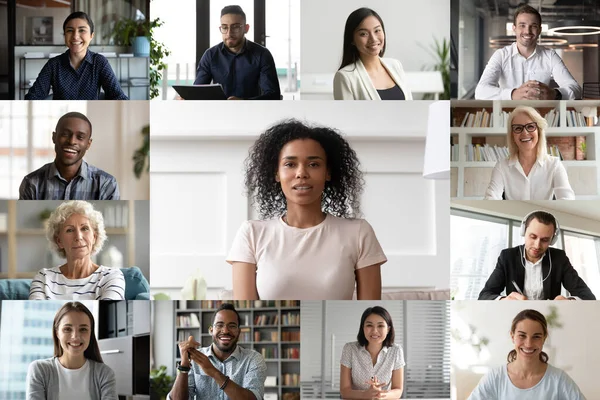 Screen view of multiethnic colleagues talk on video call — Stock Photo, Image