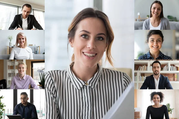 Screen view of businesspeople talk on team video call — Stock Photo, Image
