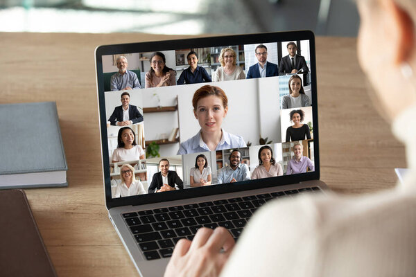 Female worker have webcam conference with colleagues