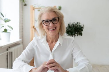 Gülümseyen kıdemli iş kadınının vesikalık resmi.