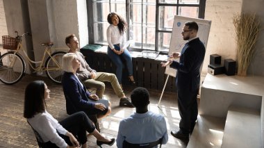 Üst düzey çalışanlar brifingde koçun sunumunu dinliyor.