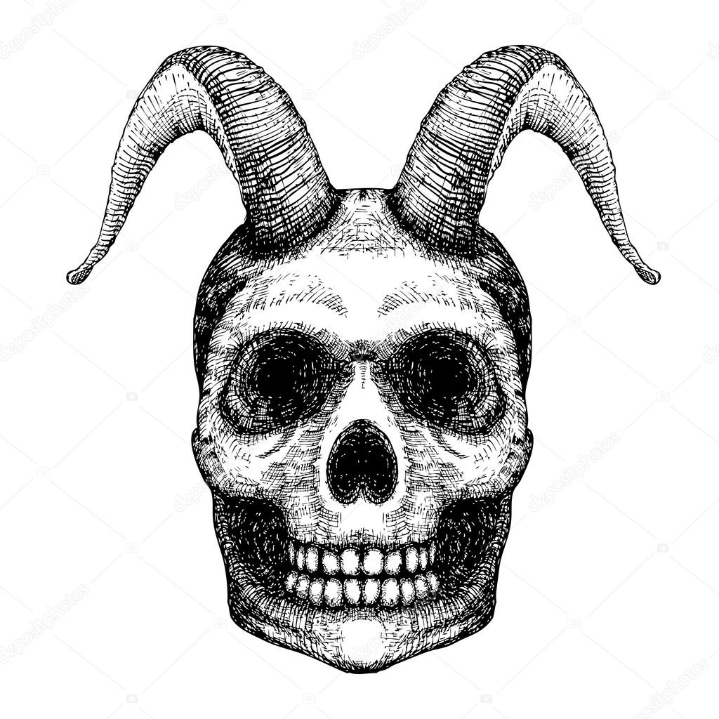 Human skull with goat horns